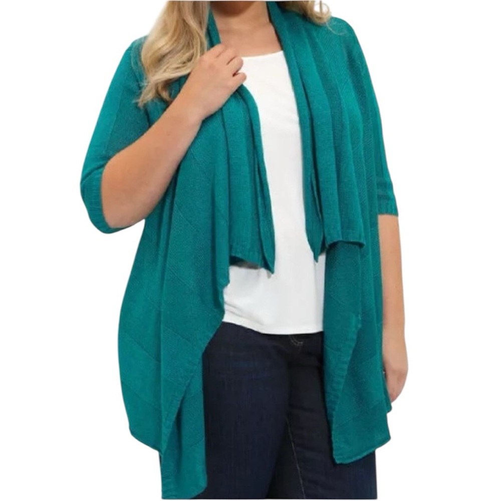 EILEEN FISHER Linen Silk  Waterfall Cascade Cardigan open knit green